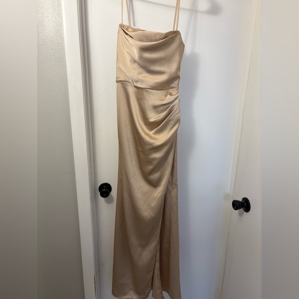 Azazie Leonis Champagne Mermaid Pleated Stretch Satin Convertible Dress